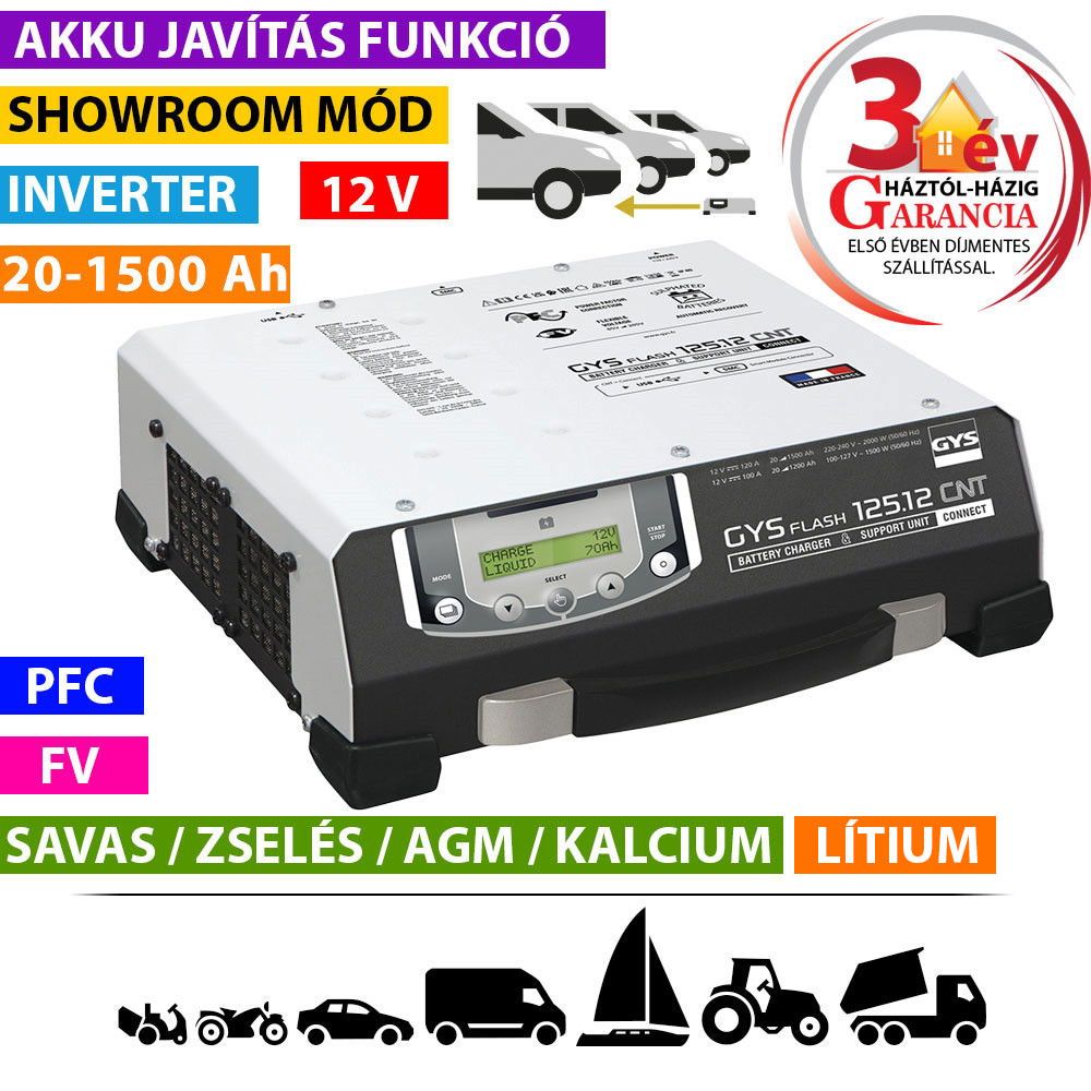 GYSFLASH 125.12 CNT FV inverteres akkumulátor töltő (5 m kábel) termék fő termékképe
