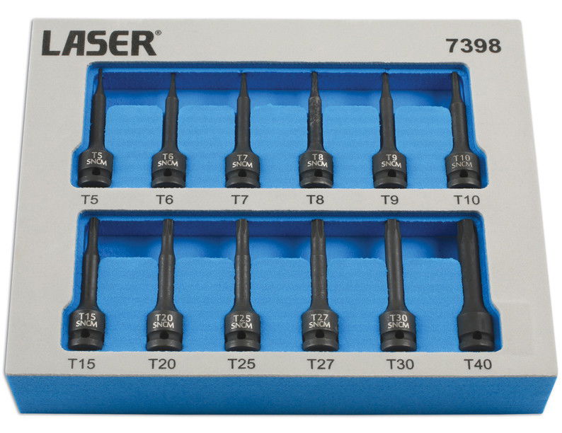Laser Tools LAS-7398 1/4"-os gépi rátűzőkulcs készlet, hosszú, torx, T5-T40, 12 részes termék fő termékképe